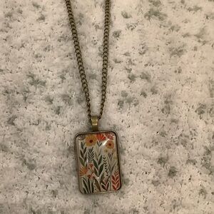 Autumn Floral Garden Glass Cabashon Pendant Necklace NWT Handcrafted 22”